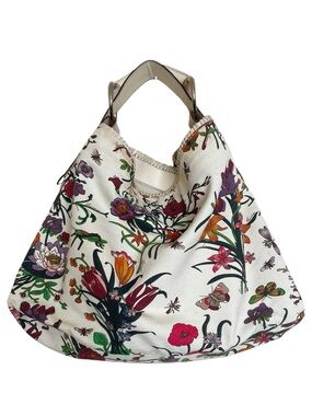 Gucci Canvas FLORA Large Floral Horsebit Chain Hobo Handbag Purse Leather Flower